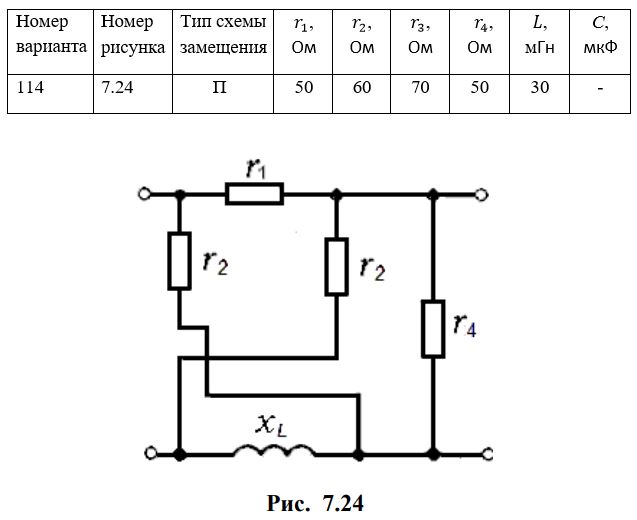 <b>Задание № 7.</b> <br /> Задание. Для электрической цепи четырехполюсника (рис. 7.1 – рис. 7.30), параметры которой приведены в табл. 7.1, для входных сигналов с частотой f = 800 Гц необходимо: <br />1. Определить параметры А <br />2. Вычислить сопротивления Т-образной или П-образной схемы замещения заданного четырехполюсника. <br />3. Вычислить характеристические сопротивления и меру передачи<br /><b>Вариант 114</b>