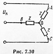 <b>Вариант 12 <br />Задача 1</b> <br />В симметричной трехфазной цепи (рис. 7.30) напряжение между точками 0 и A изменяется по закону u<sub>0A</sub>=U<sub>m</sub>sin⁡(ωt). <br />Определить закон изменения напряжения между точками B и C.