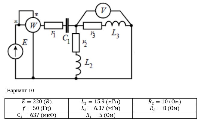 <b>Задание № 2 <br /> Анализ линейной электрической цепи  синусоидального  тока в установившемся режиме</b> <br />Для электрической схемы, изображенной на рисунках, по заданным в таблице параметрам и  ЭДС источника выполнить следующее:  <br />1)  Составить  систему  уравнений  по  законам  Кирхгофа  в  дифференциальной форме.  <br />2) Рассчитать мгновенные значения токов во всех ветвях:  <br />- по законам Кирхгофа;  <br />- методом контурных токов;  <br />- методом узловых потенциалов;  <br />3) Составить баланс активных, реактивных, комплексов полных мощностей.  <br />4)  Построить  в  масштабе  на    одной  комплексной  плоскости    векторную диаграмму токов и топографическую диаграмму напряжений.  <br />5) Определить показания вольтметра и ваттметра. <br />6) Исследовать заданную электрическую цепь с помощью моделирующей программы NI Multisim.  <br /><b> Вариант 10</b>