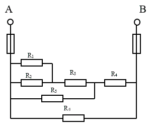 <b>Задача 1</b> Цепь постоянного тока содержит шесть резисторов, соединенных смешанно. Схема цепи и значения резисторов указаны на соответствующем рисунке. Номер рисунка и величина одного из заданных токов или напряжений приведены в таблице 1. Индекс тока или напряжения совпадает с индексом резистора, по которому проходит этот ток или на котором действует указанное напряжение. Например, через резистор R5 проходит ток I5  и на нем действует напряжение U5. Определить: 1) эквивалентное сопротивление цепи относительно вводов АВ; 2) ток в каждом резисторе; 3) напряжение на каждом резисторе;   <br /><b>Вариант 28 (схема 8)</b> <br />Дано: R1 = 10 Oм R2 = 15 Ом   R3 = 4 Ом  R4 = 4 Ом R5 = 15 Ом  R6 = 10 Ом  <br />U5= 18 B