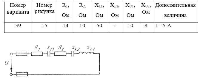 <b>Задача 2.</b> Неразветвленная цепь переменного тока, показанная на соответствующем рисунке, содержит активные и реактивные сопротивления, величины которых заданы в таблице 2. Кроме того, известна одна из дополнительных величин (U, I, P, Q,, S ). Определить следующие величины, если они не заданы в таблице вариантов: 1) полное сопротивление цепи Z; 2) напряжение U, приложенное к цепи;  3) силу тока в цепи;  4) угол сдвига фаз φ (величину и знак); 5) активную Р, реактивную Q и полную S мощности, потребляемые цепью. Начертить в масштабе векторную диаграмму цепи и пояснить ее построение. С помощью логических рассуждений пояснить, как изменится ток в цепи и угол сдвига фаз, если частоту тока увеличить вдвое. Напряжение, приложенное к цепи, считать неизменным.  <br /><b>Вариант 39  (рисунок 15)</b>