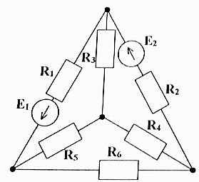 <b>Билет №12</b>  <br />Смоделировать и рассчитать схему. Результаты расчетов проверить показаниями приборов. Используя метод контурных токов определить ток и падение напряжения на резисторе R6. <br />Е1 = 15 В, Е2 = 25 В, R1 = 20 Ом, R2 = 10 Ом, R3 = 15 Ом, R4 = 25 Ом, R5 = 10 Ом, R6 = 30 Ом.