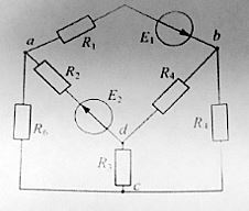 <b>Тема 1 «Цепи постоянного тока» <br />Задача №8 </b><br />Определить силу тока в ветвях, если Е1 = 16 В; Е2 = 18 В; R1 = 10 Ом; R2 = 15 Ом; R3 = 18 Ом; R4 = 11 Ом; R5 = 38 Ом; R6 = 2 Ом. <br />Проверить баланс мощностей.