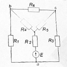 <b>Тема 1 «Цепи постоянного тока» <br />Задача №12</b> <br />Определить общее сопротивление и силу тока в ветвях при Е = 60 В и R1 = 15 Ом, R2 = 38 Ом, R3 = 27 Ом, R4 = 26 Ом, R5 = 34 Ом, R6 = 18 Ом.
