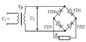 <b>Задача 2.</b> Определить выпрямленное напряжение U<sub>0</sub>  на нагрузке двухполупериодной мостовой схемы выпрямителя, если амплитуда напряжения первичной обмотки трансформатора U<sub>1m</sub>=150 В, а коэффициент трансформации трансформатора n=2.