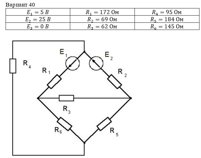  1. Составить уравнения по законам Кирхгофа без расчёта.              <br />2.  Рассчитать токи в заданной схеме методом контурных токов.             <br />3.  Рассчитать токи в заданной схеме методом двух узлов, если цепь может быть преобразована до двухузловой (или методом узловых потенциалов, если не может быть преобразована). Для цепи, преобразованной для двухузловой, исчезнувшие токи найти через разность потенциалов бывших узлов.             <br />4.  Рассчитать неизвестный ток в одной из ветвей методом эквивалентного источника и сравнить с полученным ранее.             <br />5.  Составить уравнение баланса мощностей и проверить, выполняется ли баланс мощности для исходной и преобразованной цепи.  <br /><b>Вариант 40</b>