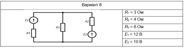 <b>Задание 1 <br />РАСЧЕТ ЭЛЕКТРИЧЕСКОЙ ЦЕПИ ПОСТОЯННОГО ТОКА</b><br /> По данным табл. 1.1 определить токи в ветвях электрической цепи постоянного тока (рис. 1.1) методом непосредственного применения первого и второго законов Кирхгофа.<br /><b>Вариант 8</b>