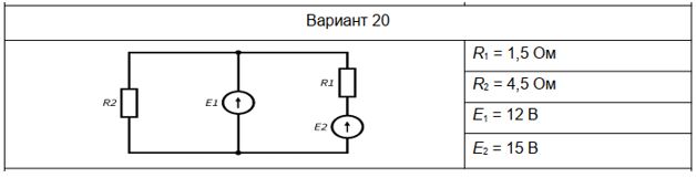 <b>Задание 1 <br />РАСЧЕТ ЭЛЕКТРИЧЕСКОЙ ЦЕПИ ПОСТОЯННОГО ТОКА</b><br /> По данным табл. 1.1 определить токи в ветвях электрической цепи постоянного тока (рис. 1.1) методом непосредственного применения первого и второго законов Кирхгофа.<br /><b>Вариант 20</b>