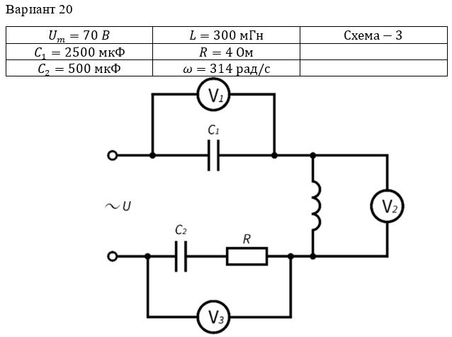 <b>Задание 2 <br />РАСЧЕТ ПАРАМЕТРОВ ОДНОФАЗНОЙ ЦЕПИ</b> <br />По данным табл. 2.1 произвести расчет электрической цепи переменного тока, содержащей активное сопротивление R, индуктивность L и емкость С, которые соединены в схемах по вариантам последовательно и параллельно. Напряжение в цепи изменяется по закону U = Um sin(ωt). Зарисовать схему электрической цепи и определить действующее значение тока I. В цепи с последовательным соединением определить: напряжения на сопротивлении UR, индуктивности UL и емкости UС. В цепи с параллельным соединением определить токи в ветвях. Также определить по вариантам соединения коэффициент мощности цепи, активную P, реактивную Q и полную S мощности. Построить в масштабе векторную диаграмму токов-напряжений. <br /><b>Вариант 20</b>