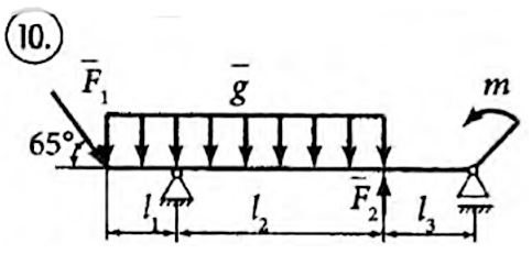 Балки на двух опорах нагружены сосредоточенными силами F1 и F2, распределенной нагрузкой g и парой сил с моментом m. Определить реакции опор. <br /><b>Схема 10 Вариант 28</b>   <br />Дано:  <br />F1 = 24 кН, F2 = 30 кН, g = 60 кН/м, m = 45 кН•м,  <br />l1 = 4 м, l2 = 3 м, l3 = 6 м