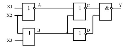 <b>Задача 1</b> <br />Для логической схемы рис. 1: <br />1) Составить логическую функцию методом индексации входов и  выходов вентилей. <br />2) Составить таблицу истинности. <br />3) Составить логическую функцию по СДНФ или СКНФ. <br />4) Выходной двоичный код по таблице истинности перевести в восьмиричную, шестнадцатиричную и десятичную форму. Десятичное число перевести в двоичную форму. <br />5) Упростить логическое выражение с помощью карт Карно. <br />6) По минимизированной логической функции составить логическую схему. Составить унифицированную логическую схему. <br />Если в схеме при любом варианте входного воздействия на выходе формируется логическая единица или логический ноль, то внести в схему минимальное количество изменений, чтобы Булева функция не равнялась нулю (единице).<br /><b>Вариант 10</b>