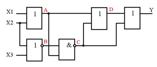 <b>Задача 1</b> <br />Для логической схемы рис. 1: <br />1) Составить логическую функцию методом индексации входов и  выходов вентилей. <br />2) Составить таблицу истинности. <br />3) Составить логическую функцию по СДНФ или СКНФ. <br />4) Выходной двоичный код по таблице истинности перевести в восьмиричную, шестнадцатиричную и десятичную форму. Десятичное число перевести в двоичную форму. <br />5) Упростить логическое выражение с помощью карт Карно. <br />6) По минимизированной логической функции составить логическую схему. Составить унифицированную логическую схему. <br />Если в схеме при любом варианте входного воздействия на выходе формируется логическая единица или логический ноль, то внести в схему минимальное количество изменений, чтобы Булева функция не равнялась нулю (единице).<br />