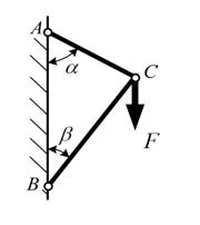 <b>Геометрическое и аналитическое условие равновесия плоской системы сходящихся сил<br />  Задача 2</b> Определить реакции в стержнях кронштейна графическим и аналитическим методом. Угол ɑ=60°; угол ß=40°; F=44кН.<br /><b>Вариант 9</b>