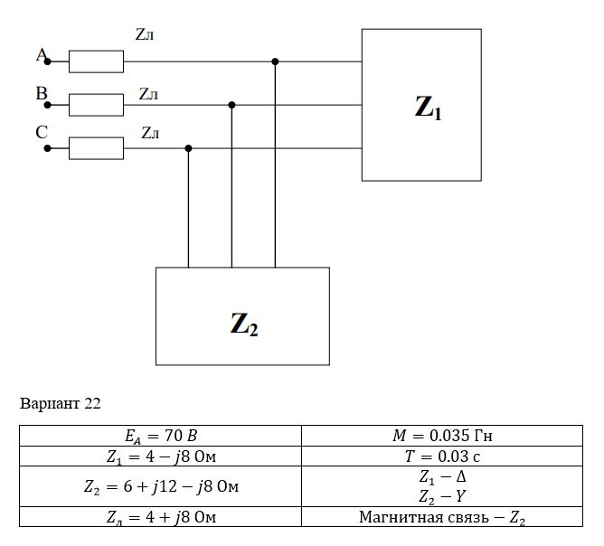 <b>Задача 1 – Трехфазные цепи со взаимной индуктивностью</b> <br />Существует симметричный трехфазный генератор и две симметричные нагрузки Z1 и Z2. Начальную фазу Еа (или Ia-в соответствии с исходными данными) принять нулевой.  <br />Требуется:  <br />а) рассчитать токи во всех ветвях;  <br />б) построить векторную диаграмму токов и на основе топографической диаграммы - векторную диаграмму напряжений;  <br />в) проверить схему на баланс активных мощностей, используя метод двух ваттметров;  <br />г) проверить правильность решения по I и II законам Кирхгофа.  <br /><b> Вариант 22</b>