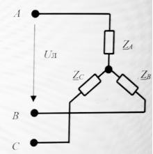 <b>Задача 2.</b> Трёхфазная цепь с несимметричной нагрузкой без нулевого провода.  <br />Дано: Uл = 220 (В); ZA = (10+j5.79) (Ом); ZB = (10-j5.79) (Ом); ZC = 4 Ом.    <br />В задаче нужно определить: <br />1.	Систему комплексных фазных напряжений <br />2.	Систему комплексных линейных напряжений <br />3.	Комплексные проводимости фаз нагрузки. <br />4.	Напряжение смещения нейтрали <br />5.	Токи в фазах нагрузки <br />6.	Найти их сумму для проверки первого закона Кирхгофа <br />7.	Полную, активную и реактивную мощность.