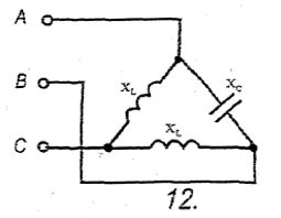 В трехфазную сеть с симметричным линейным напряжением U включены сопротивления. Согласно заданному варианту определить токи во всех проводах цепи, активную, реактивную и полную мощности нагрузок, построить векторную диаграмму. <br /><b>Вариант 12</b>   <br />Дано Рисунок 12 <br />Uл=346 В; <br />x<sub>CAB</sub>=180 Ом; x<sub>LBC</sub> =250 Ом; x<sub>LCA</sub>=250 Ом;