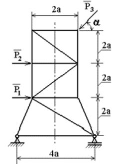 Построить диаграмму Максвелла-Кремоны и определить усилия в стержнях простой плоской фермы. Используя метод сквозных сечений (метод Риттера), провести контрольный расчёт для 5-6 стержней