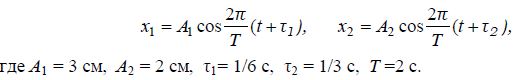 Складываются два колебания одинакового направления. Построить векторную диаграмму сложения этих колебаний и написать уравнение результирующего колебания.