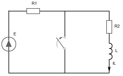 Дано: R1 = R2 = 10 Ом, L = 10 мГн, Е = 10 В <br />Определить ток iL(t) после замыкания ключа. Построить график