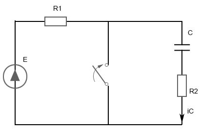 Дано: R1 = R2 = 10 Ом, C = 10 мкФ, Е = 10 В <br />Определить напряжение Uc(t) после замыкания ключа. Построить график.