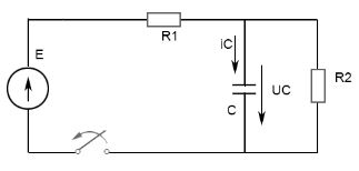 R1 = R2 = 10 Ом, C = 10 мкФ, Е = 10 В <br />Определить напряжение Uc(t) и ток ic(t) конденсатора после размыкания ключа. Построить график Uc(t)