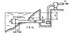 Береговой колодец А водозабора соединяется с водоемом самотечной трубой внутренним диаметром d, длиной l, эквивалентной шtроховатостью Δ<sub>э</sub>. Вход в самотечную трубу выполнен в виде раструба диаметром d = 2d, в конце трубы установлена задвижка Лудло концевая. При подаче насосом расхода Q устанавливается разница уровней воды Н в реке и береговом колодце. <br /> Известно, что l = 20 м, d = 300 мм, Δ<sub>э</sub> = 0,1 мм. Определить расход воды Q при разнице уровней Н = 2 м. 