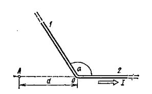 Длинный провод с током I = 50 А изогнут под углом α = 2π/3. Определить магнитную индукцию В в точке А. Расстояние d = 5 см. 
