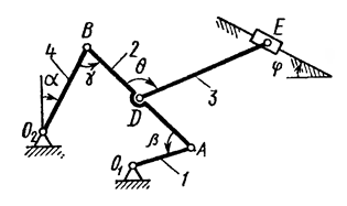 Задача К3 из сборника Тарга<br />Механизм состоит из стержней 1, 2, 3, 4 и ползуна В, соединенных друг с другом и с неподвижными опорами О<sub>1</sub> и О<sub>2</sub> шарнирами.<br /> Дано: α = 30°, β = 30°, γ = 30°, φ = 30°, θ = 30°, АD = DB, l<sub>1</sub> = 0,4 м, l<sub>2</sub> = 1,2 м, l<sub>3</sub> = 1,4 м, l<sub>4</sub> = 0,6 м, ω<sub>1</sub> = 4 с<sup>–1</sup> (направление ω<sub>1</sub> – против хода часовой стрелки). <br />Определить: V<sub>D</sub>, V<sub>E</sub>, ω<sub>AB</sub>, a<sub>B</sub>, ε<sub>AB</sub>.<br />