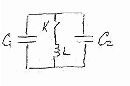 Задача 4.98 из сборника Иродова <br /> В колебательном контуре (рис.) индуктивность катушки L = 2,5 мГ, а емкости конденсаторов C<sub>1</sub> = 2,0 мкФ и C<sub>2</sub> = 3,0 мкФ. Конденсаторы зарядили до напряжения U = 180 В и замкнули ключ К. Найти:  <br /> а) период собственных колебаний;  <br /> б) амплитудное значение тока через катушку.