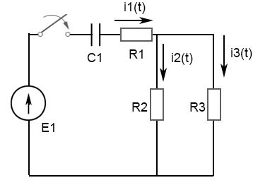 Дано: E1 = 150 В, C1 = 300 мкФ, R1 = 25 Ом, R2 = 60 Ом, R3 = 40 Ом. <br />Определить: i1(t), i2(t), i3(t)