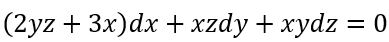 Задача 1223 из сборника Филиппова<br />Найти поверхность, удовлетворяющую данному уравнению Пфаффа:  (2yz + 3x)dx + xz dy + xy dz = 0.