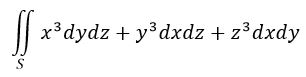  Вычислить поверхностный интеграл , где S − внешне ориентированная поверхность сферы, заданная уравнением x<sup>2</sup>+y<sup>2</sup>+z<sup>2</sup>=a<sup>2</sup>