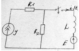 R1 = R2 = 10 Ом L = 10 мГн J = 4 A, E = 100 В <br />Определить i(t) операторным методом