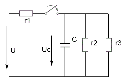 Определить закон изменения uc(t). Построить график <br />Дано: U = 10 В, R1 = R2 = R3 = 2 Ом, C = 2.5·10<sup>-3</sup> Ф