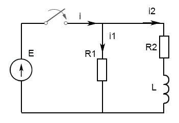 Дано: E = 150 В, R1 = 100 Ом, R2 = 50 Ом, L = 0.1 Гн <br />При t = 0 рубильник замыкается и через 1с размыкается вновь. Найти выражения для токов i1(t), i2(t), i(t) в периоды: <br />1)	0 < t < 1с <br />2)	t > 1с