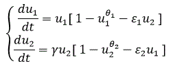 Исследовать три «граничных» состояния равновесия системы (т.е. состояния равновесия на границе множества R<sub>+</sub><sup>2</sup>) - O (0,0) S1 (0,1), S2(1,0). Определить характеристические уравнения, вычислить характеристические числа линеаризованной в этих точках системы, и для варианта набора областей значений параметров из таблиц № 1, 2 (III+F) определить тип состояний равновесия. <br />В работе должны быть приведены соответствующие подробные выкладки (формулы – в Microsoft Equation)