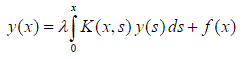 Доказать, что если ядро уравнения Вольтерра y (x) = λ ∫ K (x, s) y (s) ds + f (x) (см. рисунок) зависит только от разности аргументов, т.е. K(x, s) = K(x − s) , то все повторные ядра, а следовательно и резольвента, также являются функциями лишь от разности (x − s) .