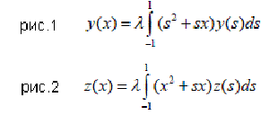 Показать, что характеристические числа однородного уравнения Фредгольма y(x) = λ ∫ (s<sup>2</sup> + sx) y(s)ds (см. рис.1) и соответствующего однородного союзного уравнения z(x) = λ ∫ (x<sup>2</sup> + sx)z(s)ds (см.рис.2) совпадают, и при этих λ указанные уравнения имеют одинаковое число линейно независимых решений.