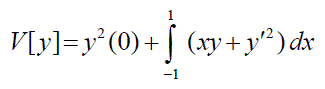 Вычислить вариацию функционала  V[y] = y<sup>2</sup> (0) + ∫ (xy + y′<sup>2</sup>) dx в точке у (см. рисунок).