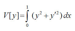 Найти экстремаль функционала V[ y]= ∫ ( y<sup>2</sup> + y′<sup>2</sup> ) dx (см. рисунок) с дополнительными условиями y(0)=0, y(1)=0