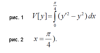 Найти экстремали функционала V[ y] = ∫(y′<sup>2</sup> - y<sup>2</sup>) dx  (см. рис. 1) с условием y(0)=1 (задача со свободным правым концом при  x = π/4 ) (см. рис. 2).