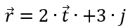 По заданному уравнению движения точки М  r ⃗=2∙t ⃗∙+3∙j (где r - в см) Установить вид ее траектории и для момента t<sub>1</sub>=1  сек.  найти положение точки на траектории, ее скорость и ускорение.