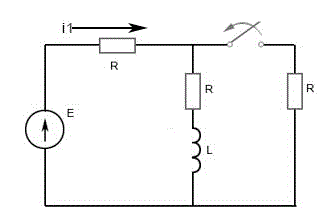 Определить i1(t) после отключения ключа. <br />Е = 60 В, R1 = R2 = R3 = 10 Ом, L = 0.1 Гн