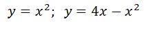 С помощью двойного интеграла найти координаты центра тяжести плоской фигуры, ограниченной заданными линиями. Выполнить чертёж <br /> y = x<sup>2</sup>;  y = 4x-x<sup>2</sup>