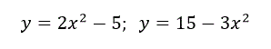 Найти центр тяжести плоской фигуры, ограниченной линиями  y = 2x<sup>2</sup>-5;  y = 15-3x<sup>2</sup>