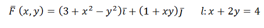 Вычислить непосредственно и с помощью формулы Грина работу векторного поля F(x;y) по контуру, ограниченному осями координат и прямой l (контур интегрирования следует обходить против движения часовой стрелки). <br /> F(x,y) = (3+x<sup>2</sup>-y<sup>2</sup>)i+(1+xy)j; l:x+2y=4