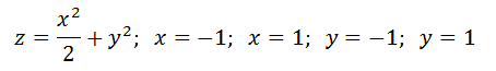 Вычислить объём тела, ограниченного поверхностями. Данное тело и область интегрирования изобразить на чертеже <br />z=(x<sup>2</sup>/2)+y<sup>2</sup>;  x=-1;  x=1;  y=-1;  y=1
