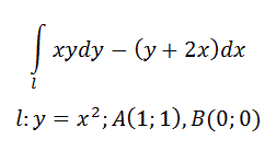 Вычислить криволинейный интеграл по заданной кривой l от первой указанной точки до второй