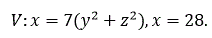 Вычислить координаты центра масс однородного тела, занимающего область V, ограниченную указанными поверхностями. <br />V : x = 7(y<sup>2</sup> + z<sup>2</sup>), x = 28.