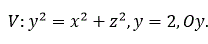 Вычислить момент инерции относительно указанной оси координат однородного тела, занимающего область V, ограниченную данными поверхностями. Плотность тела δ принять равной 1.  	<br />V :  y<sup>2</sup> = x<sup>2</sup> + z<sup>2</sup>, y = 2, Oy